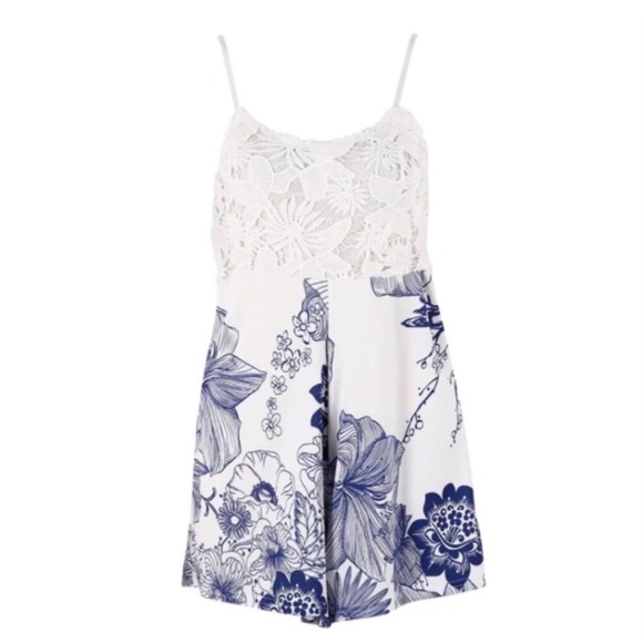 White Lace Blue Floral Cami Romper - Picture 3 of 5